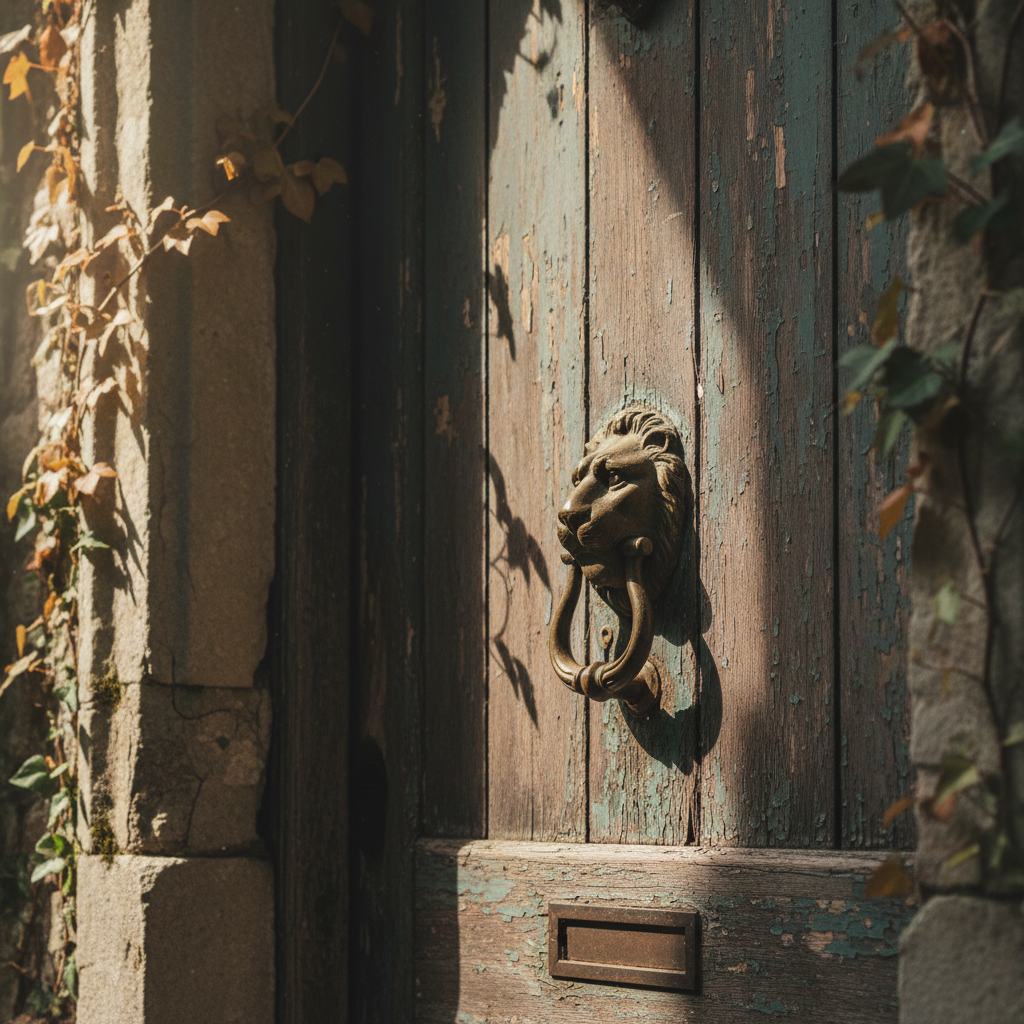 Puerta antigua de madera con picaporte de latón, sugiriendo el paso del tiempo y la transición de una propiedad.