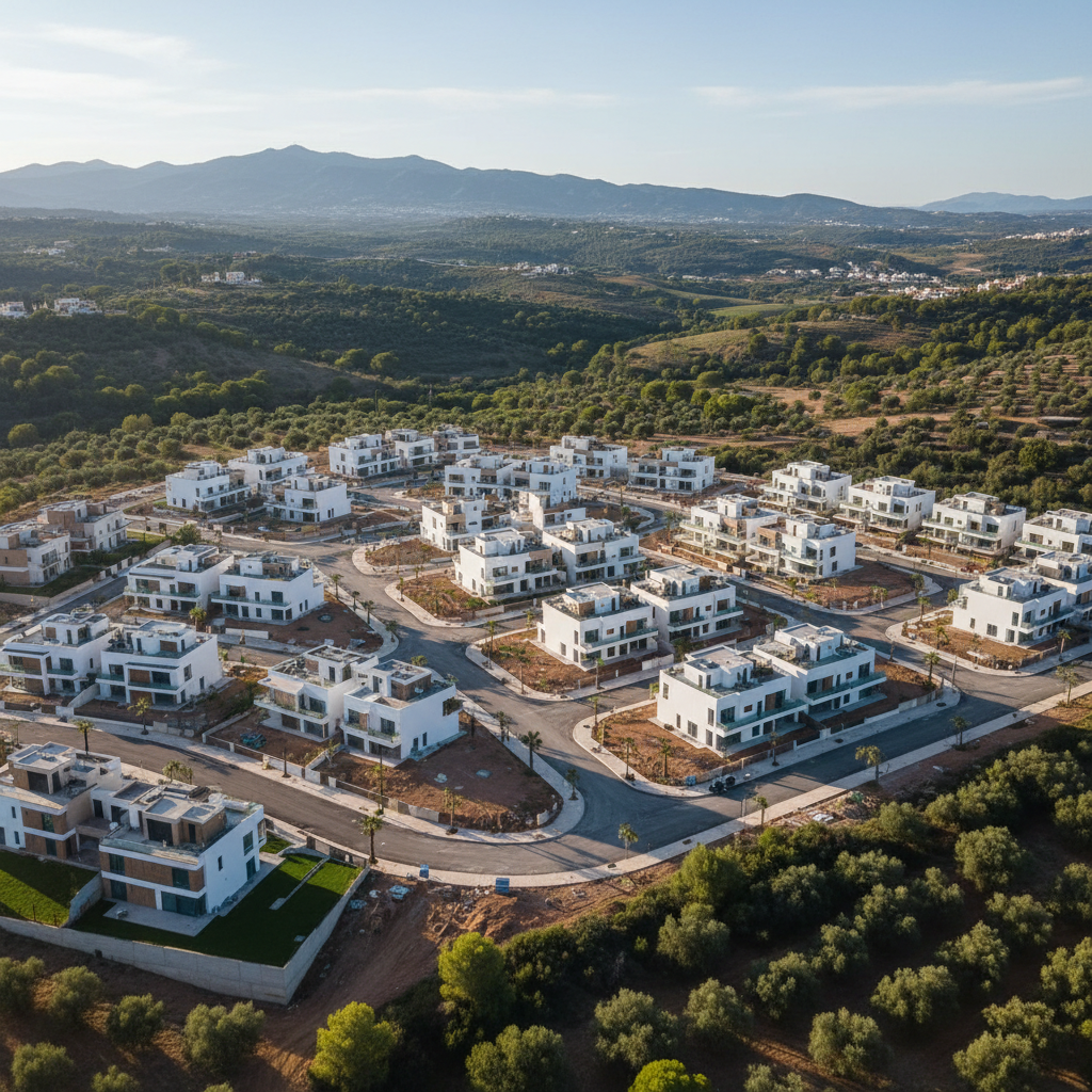 Vista aérea de un desarrollo residencial en construcción en Coín, Málaga, con viviendas modernas y zonas verdes, bajo un cielo soleado.