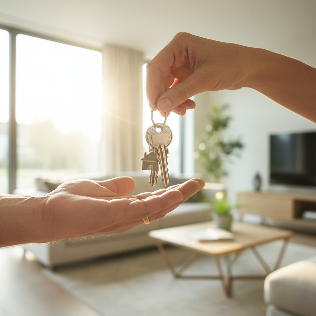Manos de una pareja sosteniendo unas llaves de casa en un interior moderno y luminoso