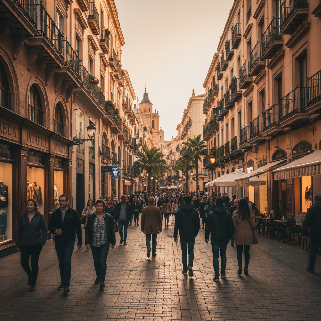 Calle concurrida en el centro histórico de Málaga con fachadas de edificios tradicionales y modernos, reflejando la actividad comercial.