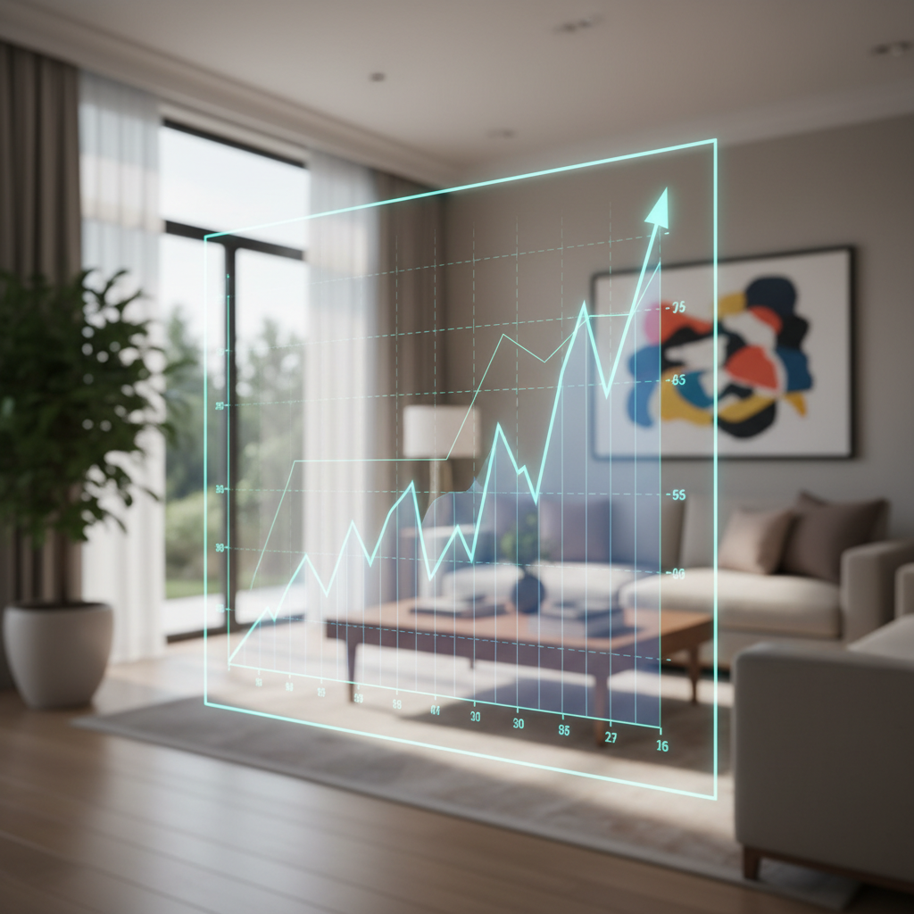 Gráfico financiero con tendencia alcista y fondo borroso de un interior de vivienda moderna
