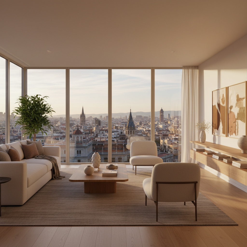 Interior de un apartamento moderno con vistas a una ciudad española al atardecer, simbolizando el dinamismo del mercado inmobiliario.