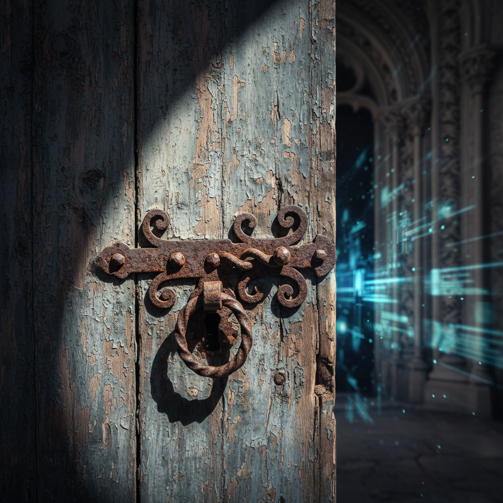 Una puerta antigua y cerrada con un candado oxidado, simbolizando la dificultad de acceso a la vivienda para colectivos vulnerables.