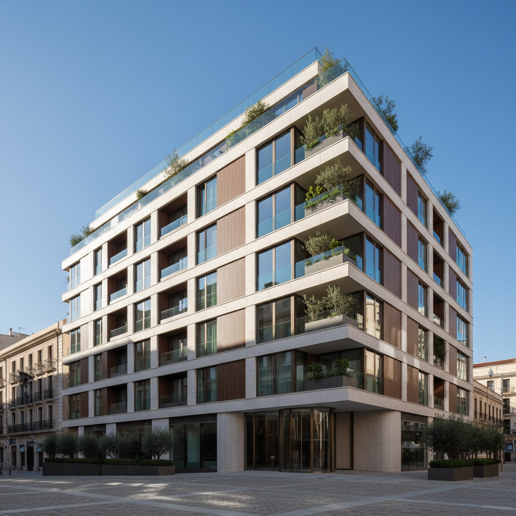 Edificio moderno de residencias de lujo con servicios hoteleros en una ciudad española, con un diseño arquitectónico sofisticado y grandes ventanales.