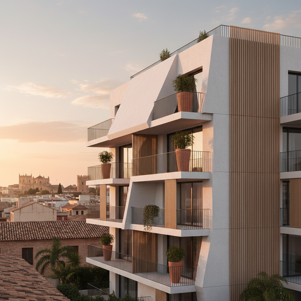 Fachada de edificio residencial contemporáneo con líneas limpias bajo luz natural