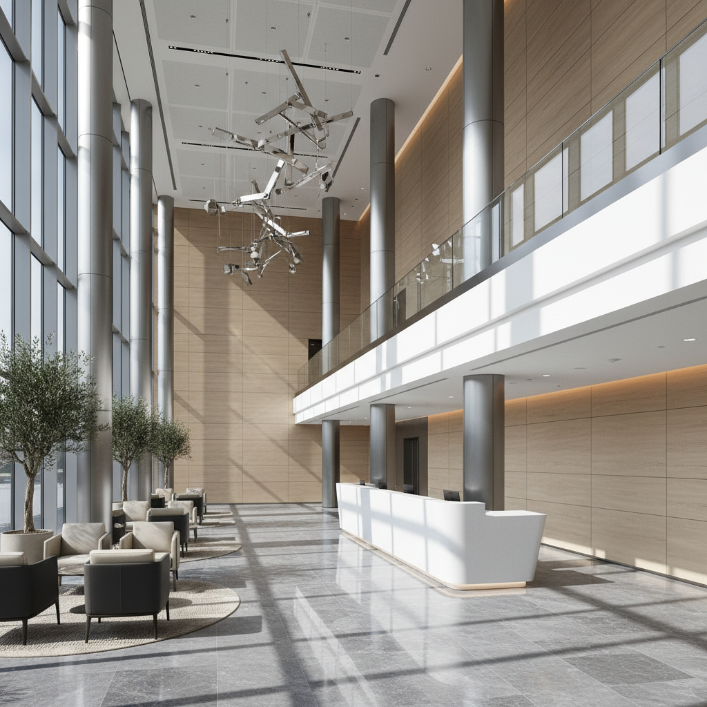 Interior de una moderna sucursal bancaria con luz natural, transmitiendo solidez y confianza financiera.