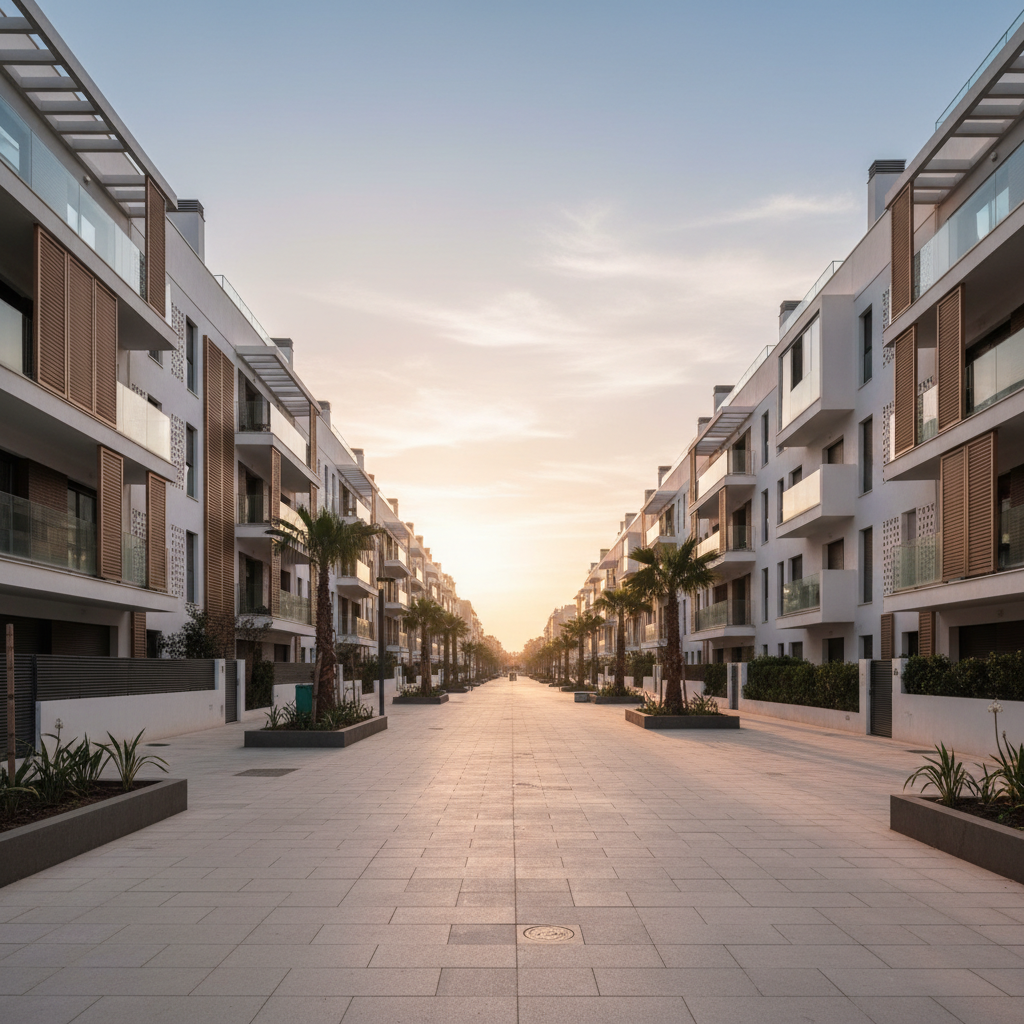 Calle residencial contemporánea en una ciudad española con edificios de viviendas bajo luz matutina