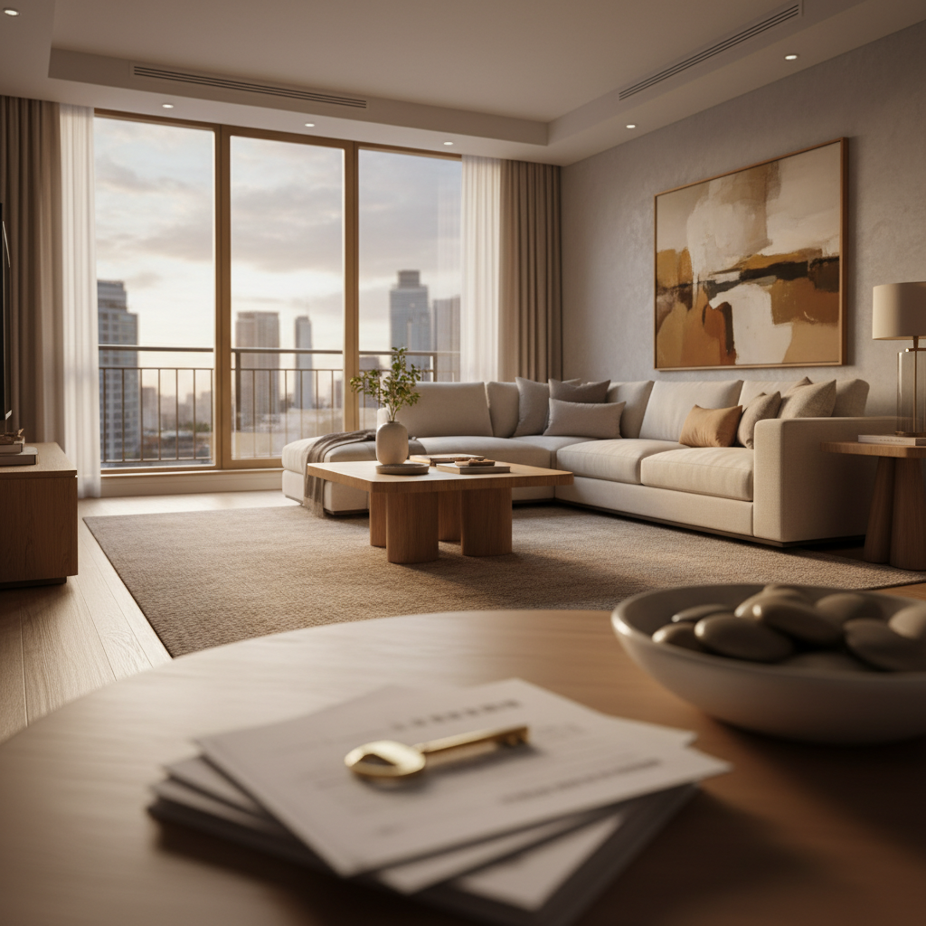 Interior de un apartamento moderno con luz natural, con sutiles referencias a documentos financieros o llaves en primer plano, representando el acceso a la vivienda.