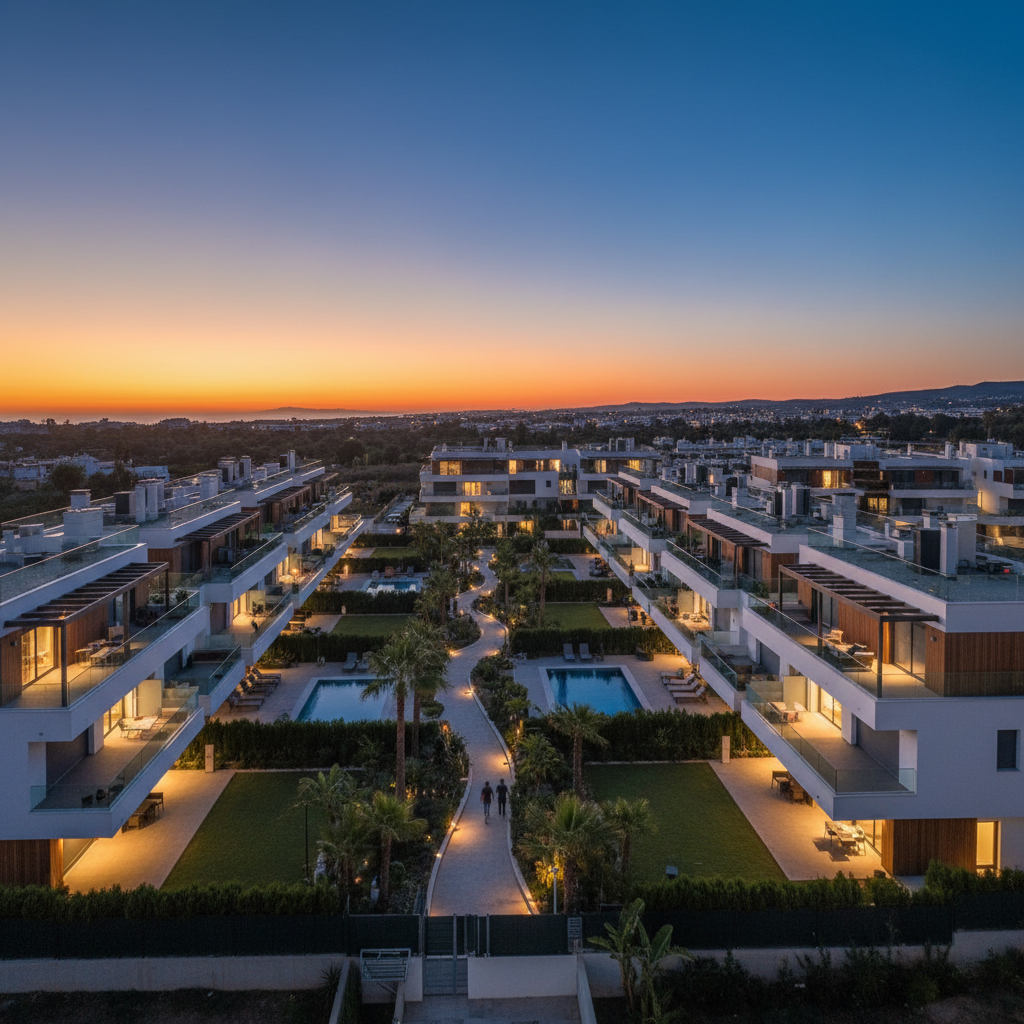 Vista aérea cinematográfica de un complejo residencial moderno en España al atardecer, con luces cálidas y zonas verdes