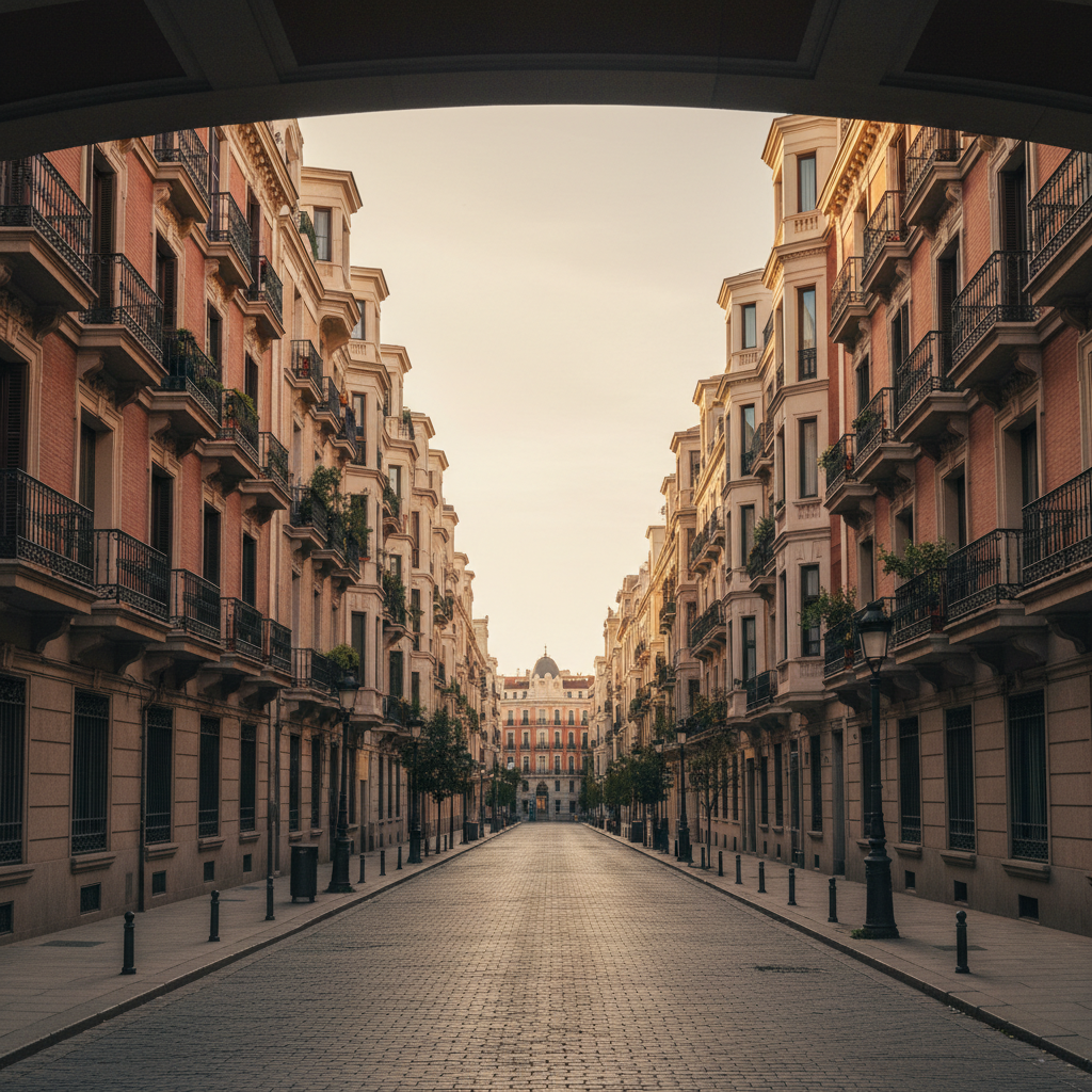 Fachadas residenciales clásicas y señoriales en una zona exclusiva de Madrid iluminadas por la luz del atardecer