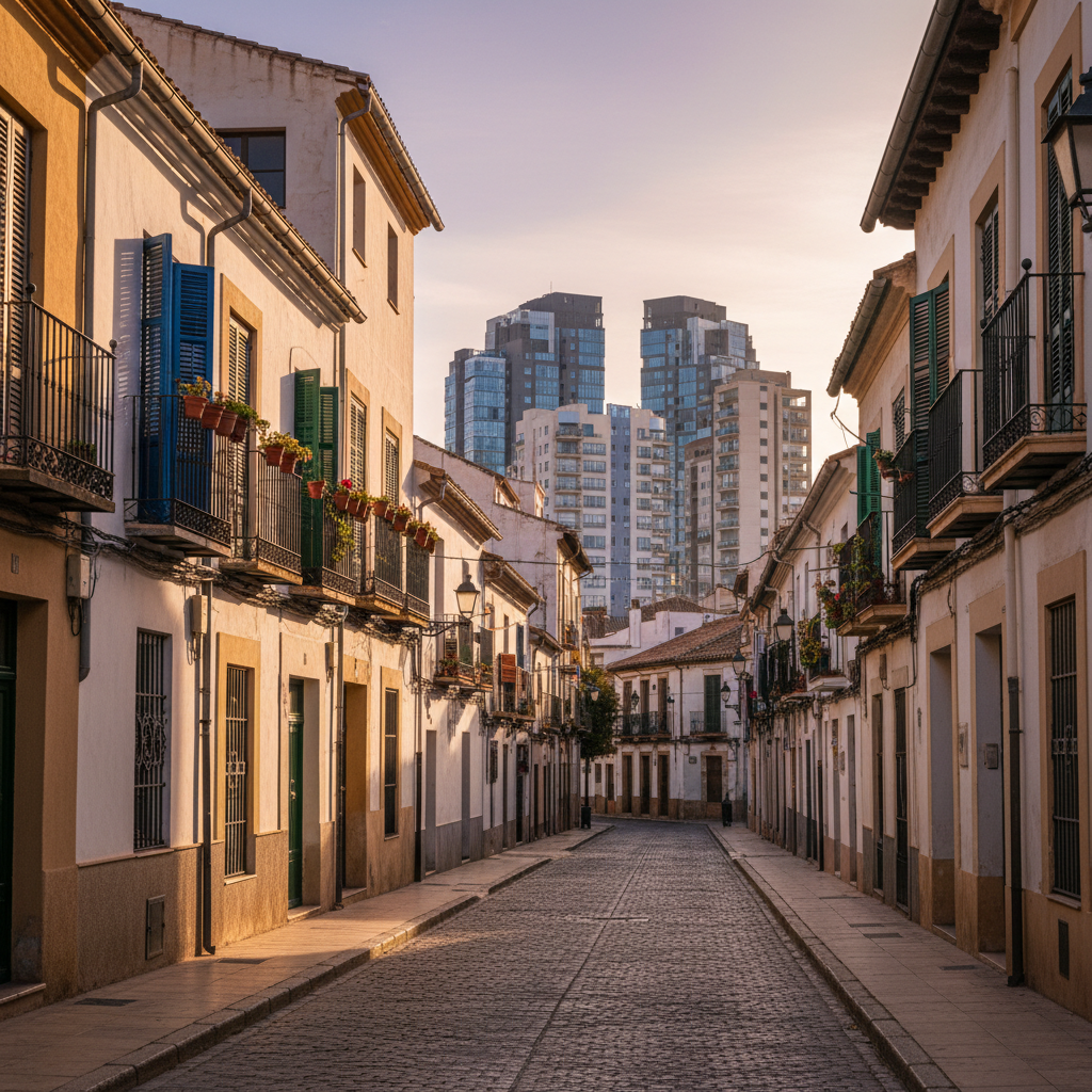 Calle residencial tradicional en Málaga con edificios modernos al fondo, bajo una luz suave de atardecer