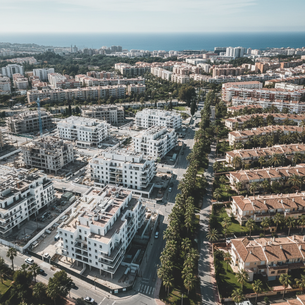 Vista aérea de una zona residencial moderna en Málaga, mostrando la densidad urbana y la mezcla de edificaciones nuevas y existentes.
