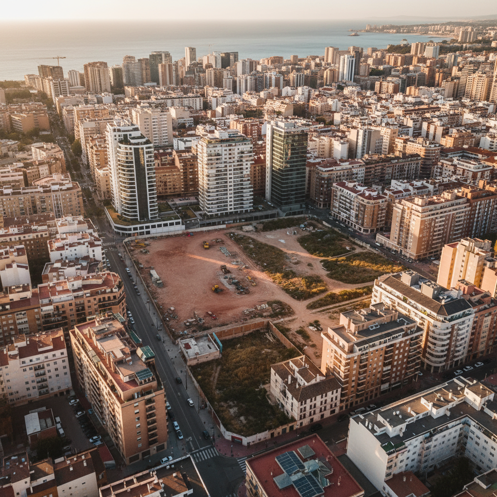 Vista aérea de Málaga mostrando la densidad urbana y parcelas de suelo sin construir, simbolizando la escasez de suelo urbanizable.