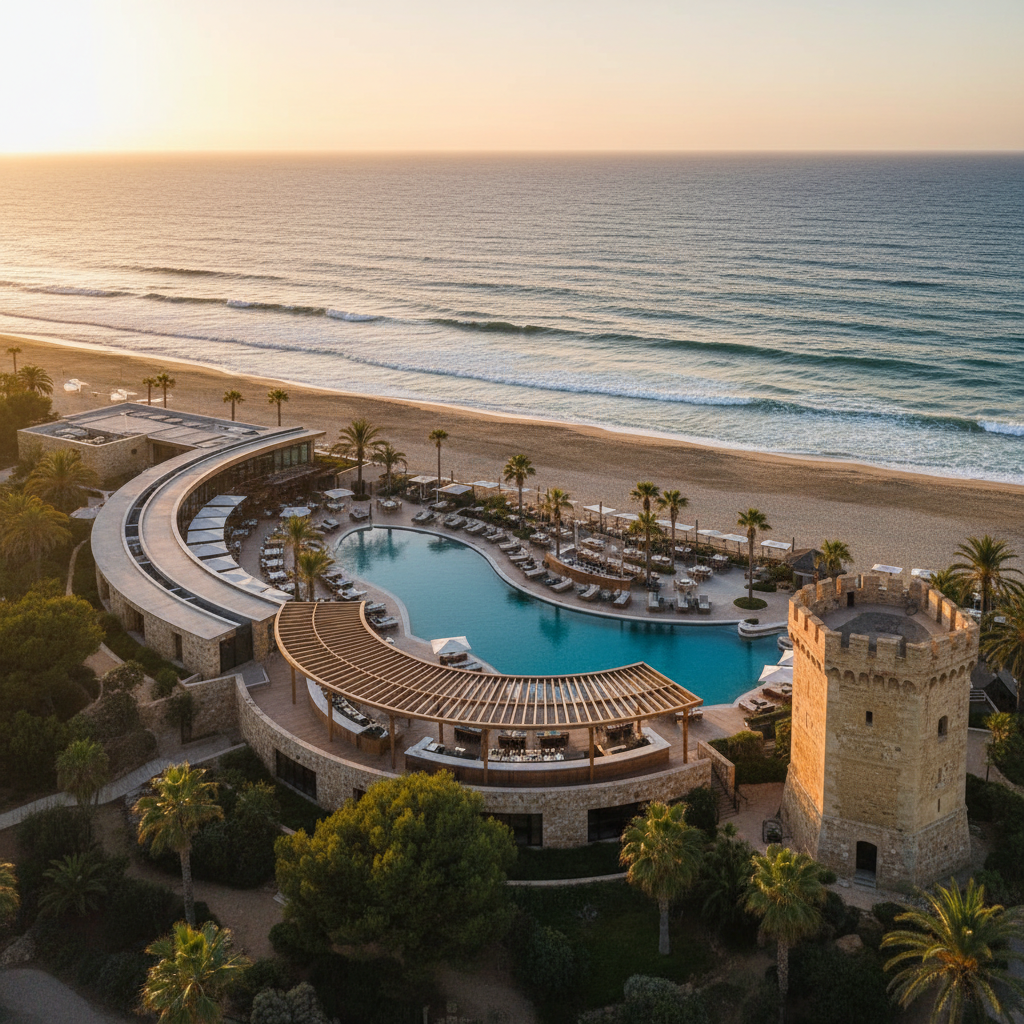 Vista aérea cinematográfica de la Milla de Oro de Marbella al atardecer, mostrando un moderno club de playa con piscina y restaurante, integrado cerca de una histórica torre del siglo XVI.