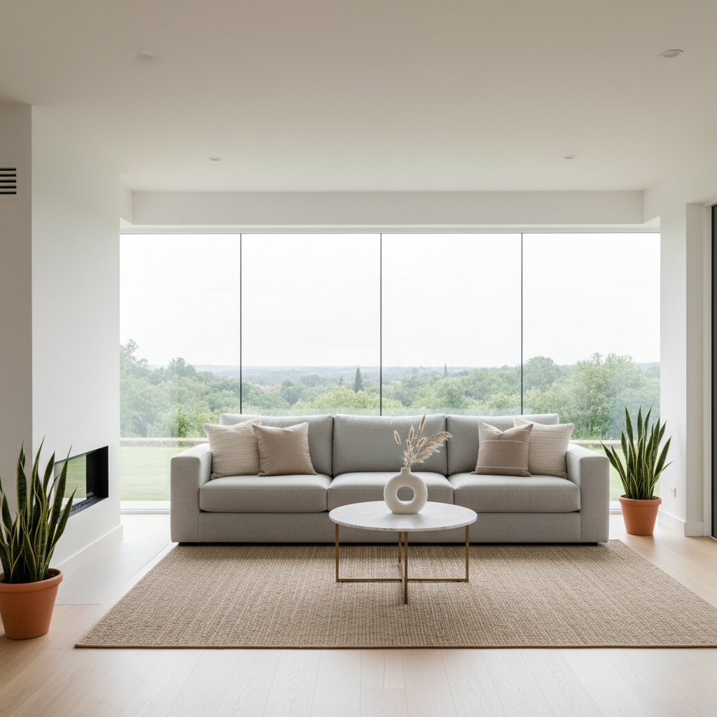 Salón luminoso y minimalista con grandes ventanales, preparado para una sesión de fotos inmobiliaria