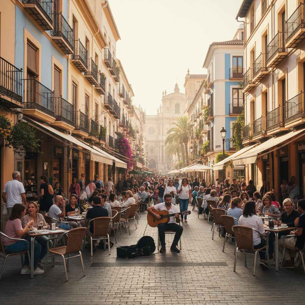 Calle bulliciosa en el centro histórico de Málaga con terrazas de bares y restaurantes, bajo la luz del sol