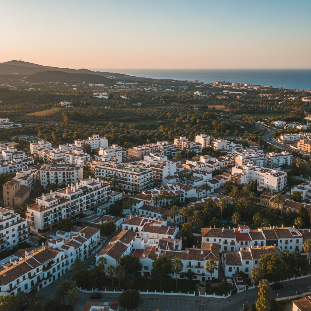 Vista aérea de Vélez-Málaga con edificios residenciales y el mar Mediterráneo al fondo, bajo una luz suave.